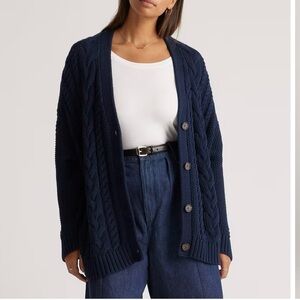 QUINCE Navy 100% Organic Cotton Oversized Cable Cardigan Size Large